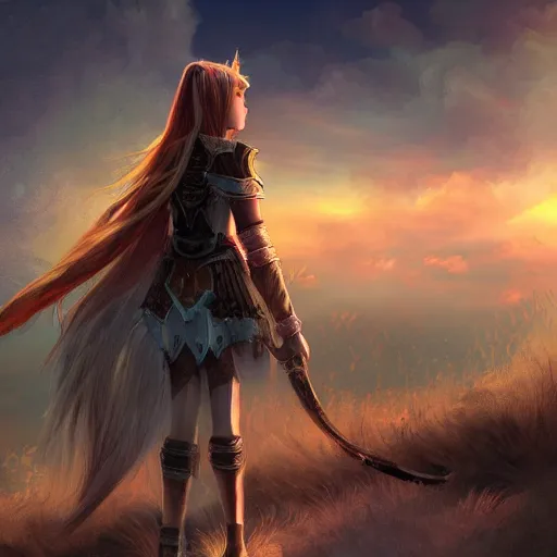 Prompt: a determined young female fantasy warrior gazing at the horizont, digital art