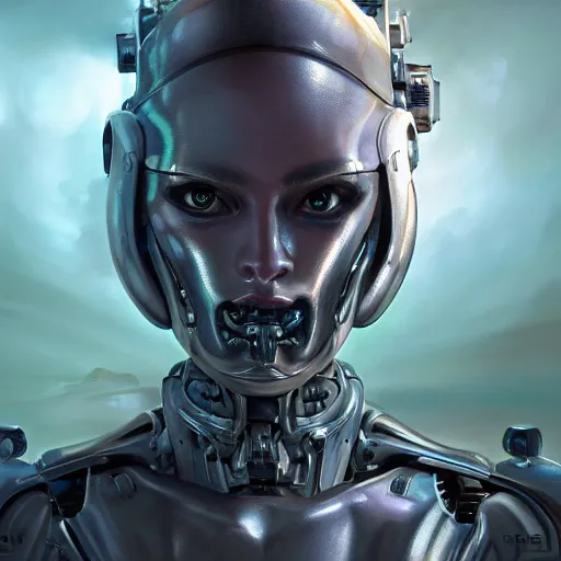 Image similar to masterpiece closeup portrait of a beautiful girl cyborg-armored in a surreal dream landscape, cinematic lighting, Michael Whelan, 8k