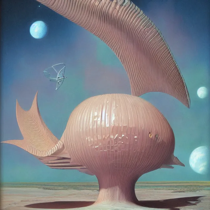 Prompt: tropical spacecraft, science fiction, extremely detailed, pastel colors, intricate, hard light, flat, illustration, volumetric lighting, digital painting, by roger dean, by santiago calatrava, by wayne barlowe