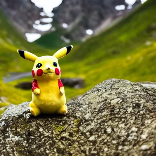 Image similar to photograph of a wild pikachu taken while hiking in the alps, 8k, nature photography