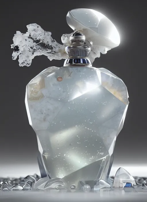 Image similar to perfume bottle in a white cave full of geodes and treasure, up close shot, sharp focus, global illumination, radiant light, alexandre ferra white mecha, irakli nadar, octane highly render, 4 k, ultra hd,