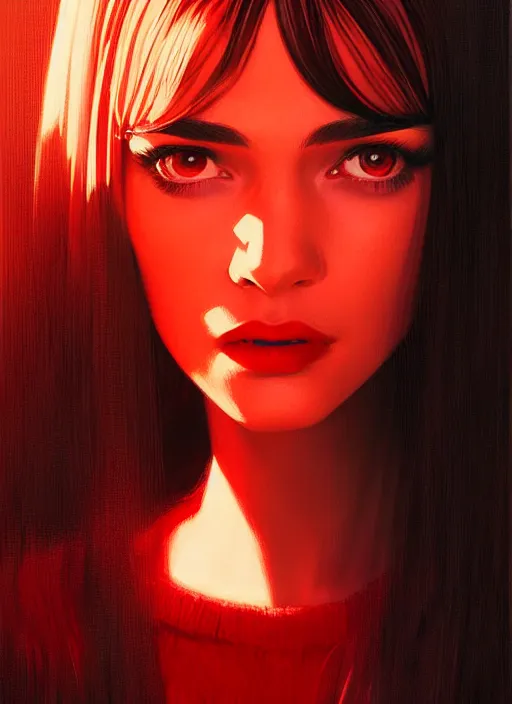 Image similar to portrait of veronica lodge with bangs, 1 9 6 0 s, long hair, red clothes, bangs, intricate, elegant, glowing lights, highly detailed, digital painting, artstation, concept art, smooth, sharp focus, illustration, art by wlop, mars ravelo and greg rutkowski