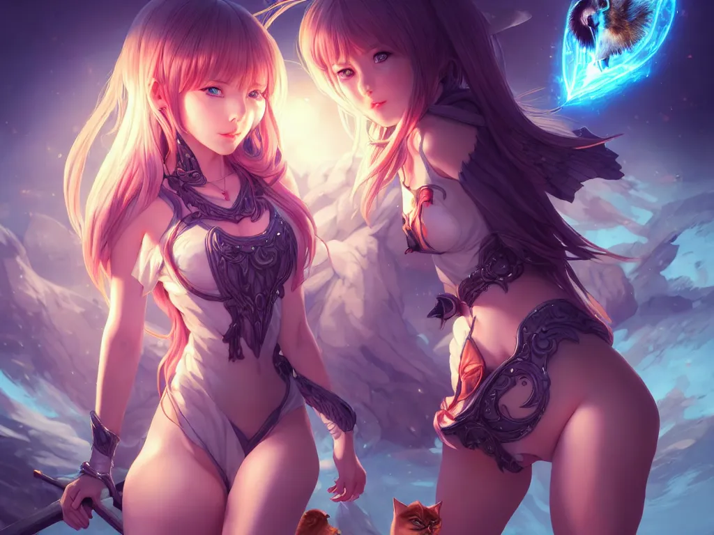 Image similar to lovely summoner girl with their magical animal companions, occlusion shadow, specular reflection, rim light, unreal engine, artgerm, artstation, art by hiroaki samura and ilya kuvshinov and ossdraws, intricate, highly detailed 8 k, fantasy illustration, extremely beautiful and aesthetic shape of face and clothes, movie poster