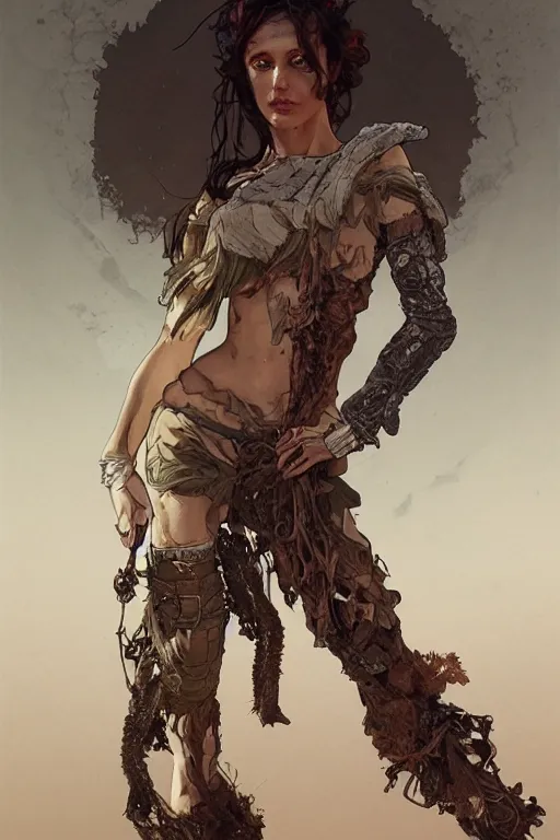 Image similar to a full body portrait of a beautiful post apocalyptic offworld desert savage rogue in ballet pose by the emerald oasis pools, intricate, elegant, highly detailed, digital painting, artstation, concept art, smooth, sharp focus, illustration, art by krenz cushart and artem demura and alphonse mucha