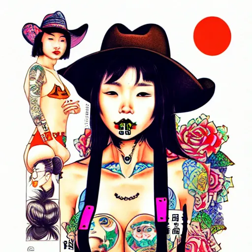 Image similar to full view of taiwanese girl with tattoos, wearing a cowboy hat, style of yoshii chie and hikari shimoda and martine johanna and will eisner, highly detailed