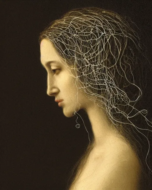 Image similar to a woman's face in profile, long flowing hair entwined in intricate decorative cobwebs, in the style of the dutch masters and gregory crewdson, dark and moody