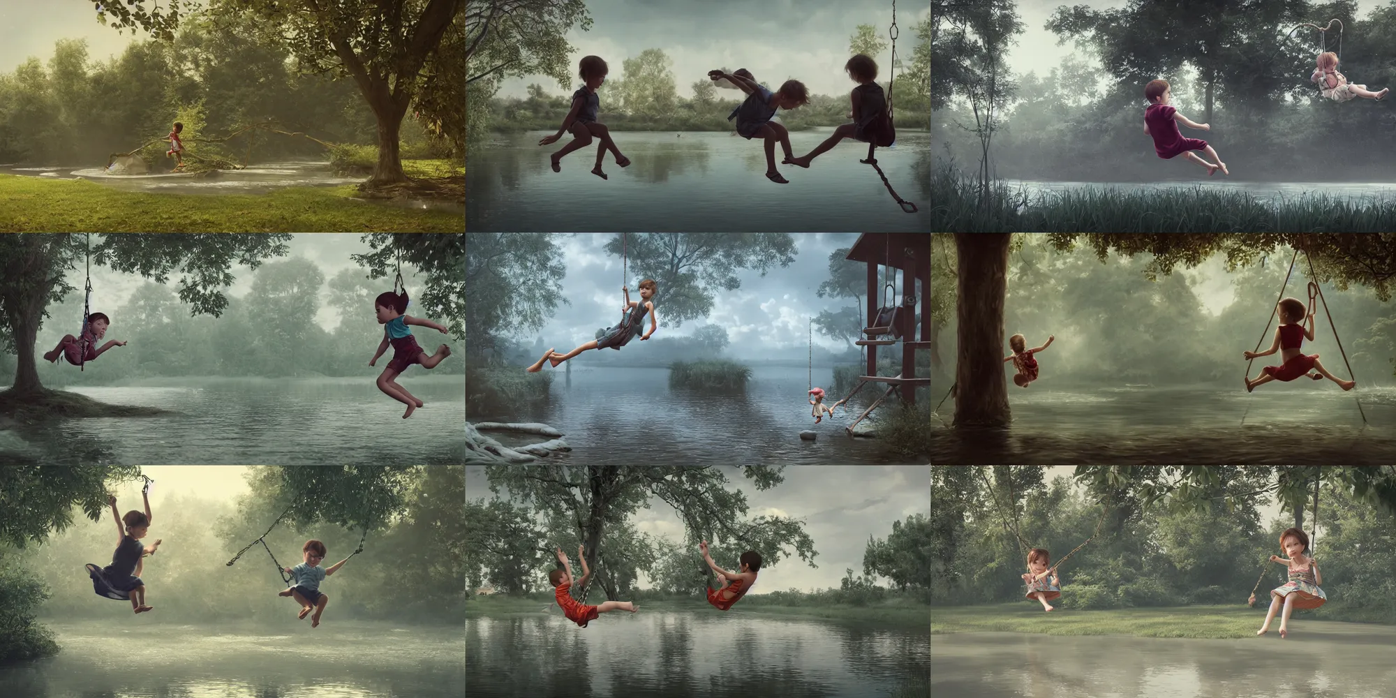 Prompt: a child swinging on a river trying to get out next to a ussrr playground, no trees around, three storey house far in the distance, hyperrealistic, octane render, chiaroscuro, inspired by james jean, android jones, gerard brom, denis villeneuve, johannen voss, alphonse mucha, frostbite 3 engine