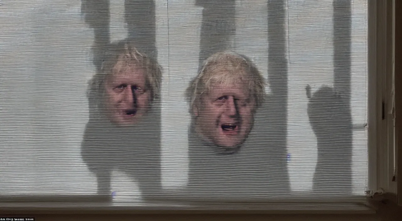 Image similar to a zoomed out photo taken from the inside of an old house, showing window blinds being pulled back to reveal a terrifying boris johnson with his unhinged face pressed against the window and his bloody hands placed on the window, horrifying grin. horror, raining, night time