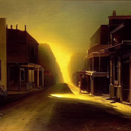 Image similar to oil painting of american old west town, dusty street, sunrays, dramatic, very very very beautiful art, romanticism by goya