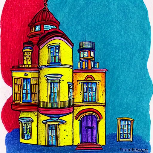 Image similar to a colorful drawing of a house with curved pillars and many floors, a storybook illustration by dr seuss, tumblr, psychedelic art, concept art, storybook illustration, whimsical