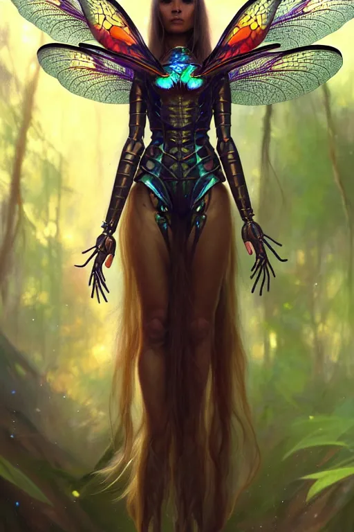 Image similar to photo of a humanoid dragonfly hybrid were a heroic dress an armour with dragonfly wings in the forest, long hair, highly detailed, digital painting, artstation, smooth, sharp focus, illustration, art by artgerm and greg rutkowski and alphonse mucha