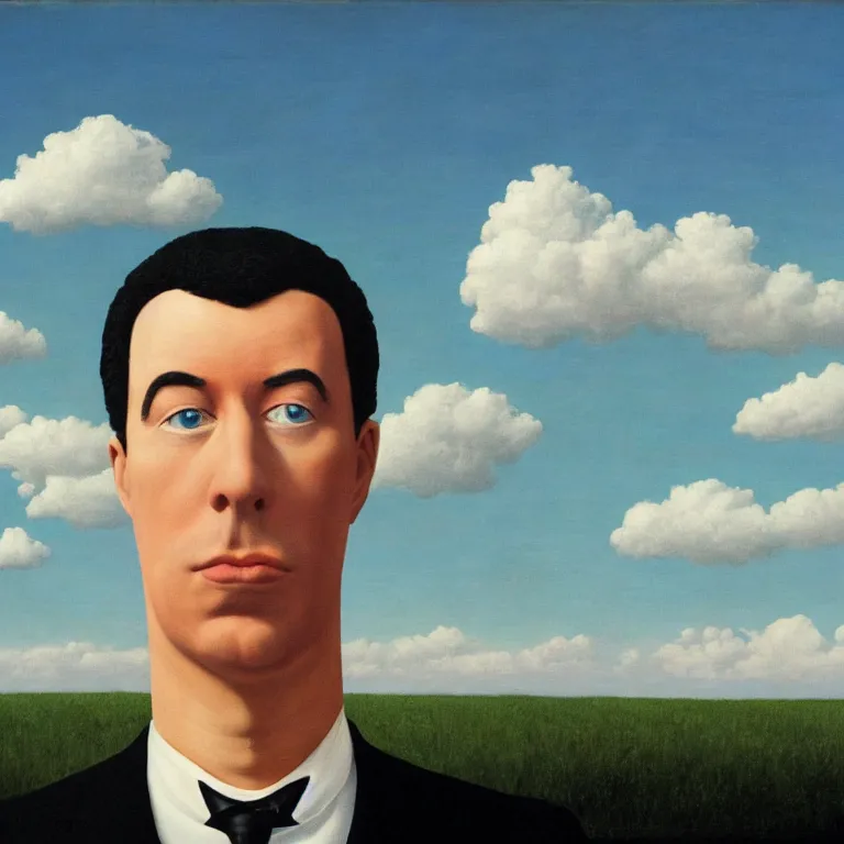 Image similar to portrait of a faceless masked - head man in a suit and black gloves, clouds and nature landscape in the background, by rene magritte, detailed painting, distance, centered, hd, hq, high resolution, high detail, 4 k, 8 k