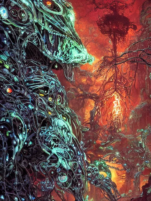 Image similar to closeup portrait of a living goo on a ( transparent cyborg leshy panther with glowing veins ), in alien forest crushed ship interior, cinematic light, backlight glow, red green, mist, by mikhail vrubel, by philippe druillet, by peter elson, by gerald brom, muted colors, extreme detail, trending on artstation, 8 k