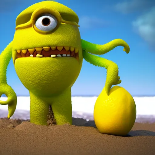 Image similar to 3 d render, of anthropomorphic lemon character that looks like a monster from the movie وmonsters inc, with lemon skin texture, he is wearing a hat, building a sandcastle on the beach at sunset, beach, huge waves, sun, clouds, long violet and green trees, rim light, cinematic photography, professional, sand, sandcastle, volumetric lightening