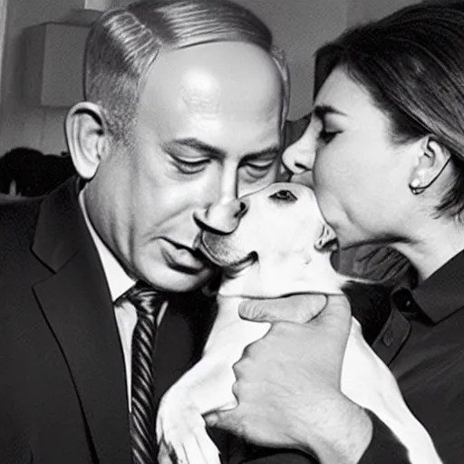 Prompt: benjamin netanyahu kissing a dog, photorealistic, detailed