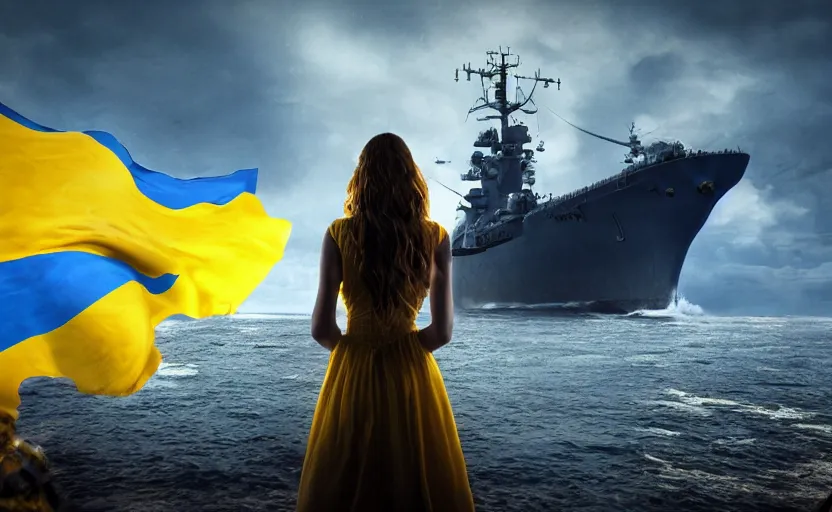 Image similar to cinematic shot from behind of a beautiful girl in national blue and yellow dress with beautiful hair standing against and facing a huge realistic detailed Russian warship on the horizon. She is ready to fight. Ukrainian flag on the left side, concept art, сinematic lighting, insanely detailed, smooth, sharp focus, Artstation, 8k, unreal engine, hyper realistic, steampunk style, bright background, moonlight, volumetric lighting, wallpaper, digital illustration by Ruan Jia and Mandy Jurgens and Artgerm and Wayne Barlowe and Greg Rutkowski and Zdislav Beksinski