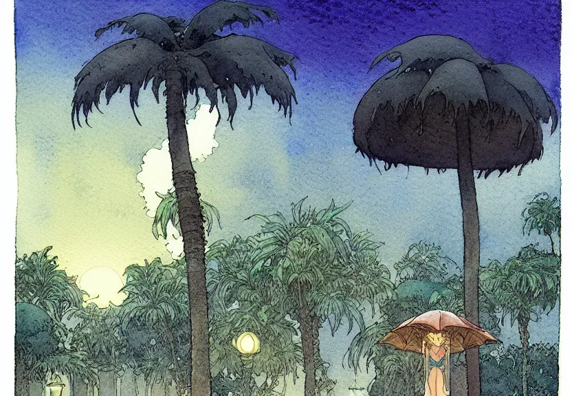 Image similar to a simple watercolor fantasy concept art of a dark grey cube next to a palm tree at night. by studio ghibli, rebecca guay, michael kaluta, charles vess