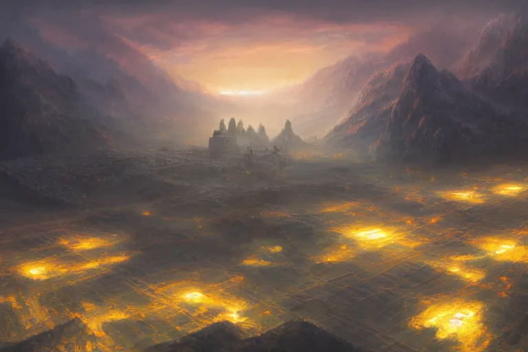 Prompt: cinematic lighting fantasy painting, aerial view of an ancient land, sunset and ominous shadows over the kingdom, valleys and farmland and villages, brutalist shiro himeji rivendell palace eden by jessica rossier