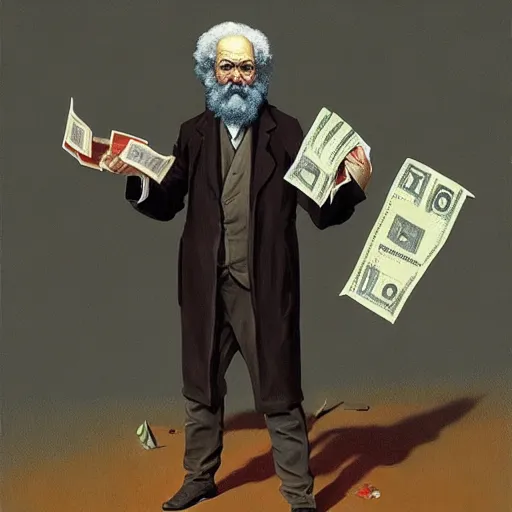 Image similar to Karl marx holding lot of money he wants to get rich, highly detailed, very coherent, painted by Francis Bacon and Edward Hopper, Wayne Barlowe, painted by James Gilleard, surrealism, airbrush, art by JamesJean