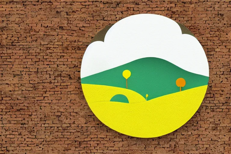 Image similar to paper craft, green textured hills and yellow sun graphic with white clouds and a colorful brick road, behance