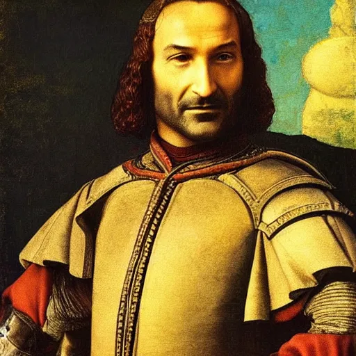 Prompt: Jean Dujardin portrait in Renaissance armor, detailed, cinematic light, art by Leonardo da Vinci