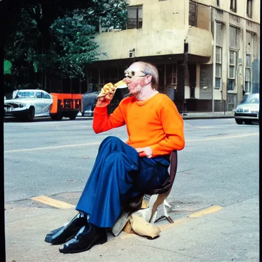 Prompt: hugh hopper on a street corner eating an orange and sipping pepsi