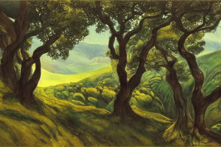 Image similar to masterpiece painting of oak trees on a hillside overlooking a creek, dramatic lighting, by gustaf tenggren