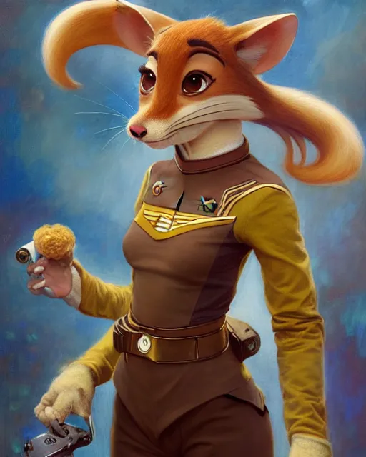 Image similar to painting of anthromorphic female rat wearing starfleet uniforms, zootopia, fursona, furaffinity, 4 k, deviantart, furry art, very expressive detailed feminine face, gaston bussiere, craig mullins, jc leyendecker, gustav klimt, artgerm, greg rutkowski, alphonse mucha