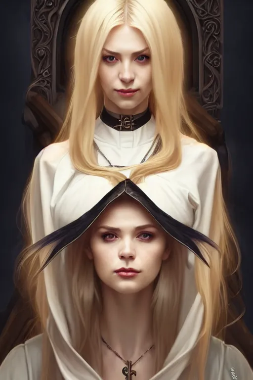 Image similar to Portrait of seductive female priest, D&D, revealing stylish dress, choker on neck, long blonde hair, mouth slightly open, slight nerdy smile, fantasy, intricate, elegant, highly detailed, digital painting, artstation, concept art, smooth, sharp focus, illustration, art by artgerm and greg rutkowski and alphonse mucha