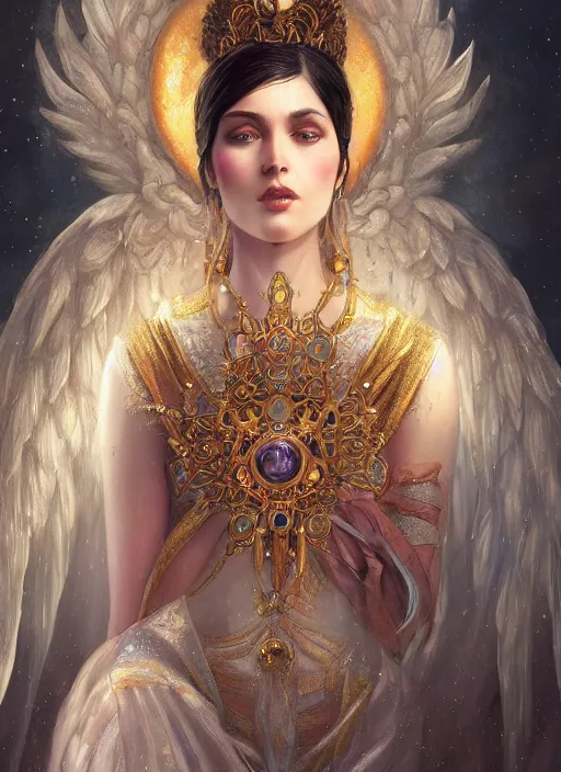 Image similar to A beautiful digital painting of a female Seraphim full of jewels, princess, the moon behind her, intricate, cinematic lighting, highly detailed, digital painting, Artstation, concept art, smooth, sharp focus, illustration, art by Tom Bagshaw, Artgerm and Greg Rutkowski