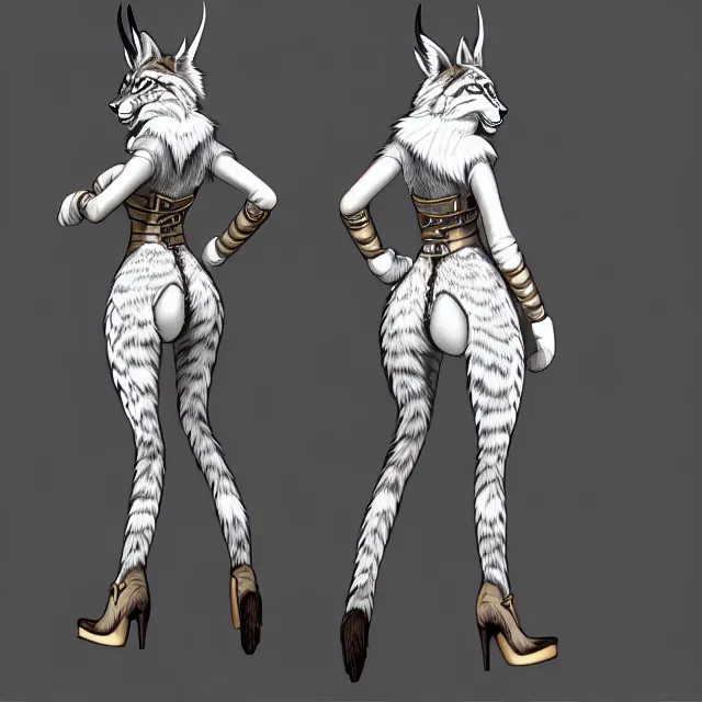 Image similar to the full body of anthropomorphic lynx fursona from behind wearing a steampunk suit as unimaginably beautiful, gorgeous, elegant, young woman with lynx head, an ultrafine hyperdetailed illustration by furaffinity, intricate linework, white fur, unreal engine 5 highly rendered, global illumination, radiant light, detailed and intricate environment