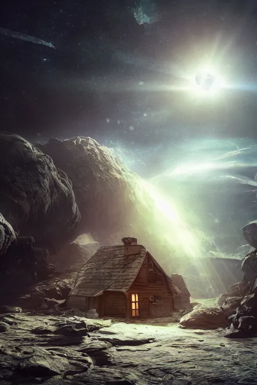 Image similar to a small ramshackle cottage on an asteroid floating through space, dramatic lighting, cinematic, establishing shot, extremely high detail, foto realistic, cinematic lighting, post processed, concept art, high details, cinematic, 8k resolution, beautiful detailed, photorealistic, digital painting, artstation, concept art, smooth, sharp focus, artstation trending, octane render, unreal engine