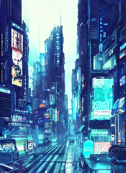Prompt: sci-fi cyberpunk city street, billboards, neon holograms, neon signs, rainy night, dramatic lighting, cinematic, establishing shot, extremely high detail, foto realistic, cinematic lighting, pen and ink, intricate line drawings, post processed, concept art, artstation, matte painting, style by Raphael Lacoste, Eddie Mendoza , Sebastian Lüdke