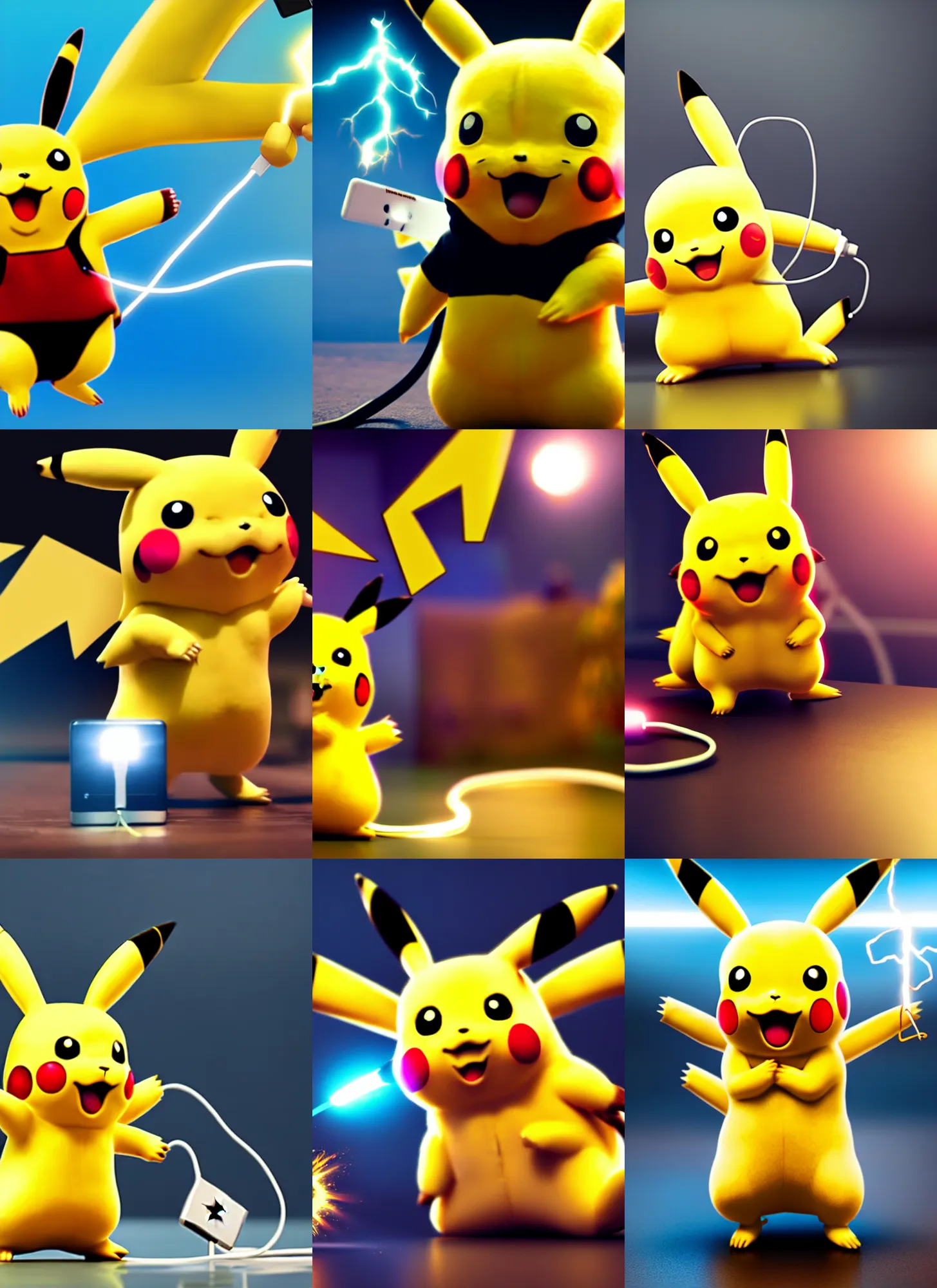 Prompt: realistic pikachu charging a smartphone with electricity coming from his own body, epic, 4 k