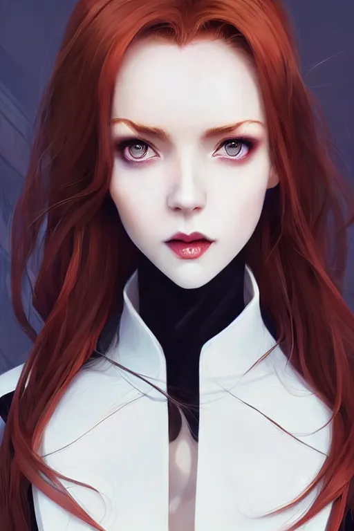 Image similar to beautiful pale vampire with auburn hair in a white turtleneck dress, on a super yacht, by guweiz and wlop and ilya kuvshinov and and moebius, artgerm, symmetrical eyes, aesthetic, gorgeous, stunning, alluring, attractive, half body portrait, fine details, detailed, artstation, deviantart, pinterest, digital art