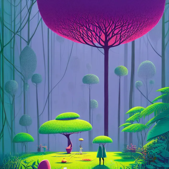 Image similar to ( ( ( gediminas pranckevicius ) ) ), under bo tree in a jungle garden summer morning, very coherent and colorful high contrast art by james gilleard floralpunk screen printing woodblock, dark shadows, pastel color, hard lighting