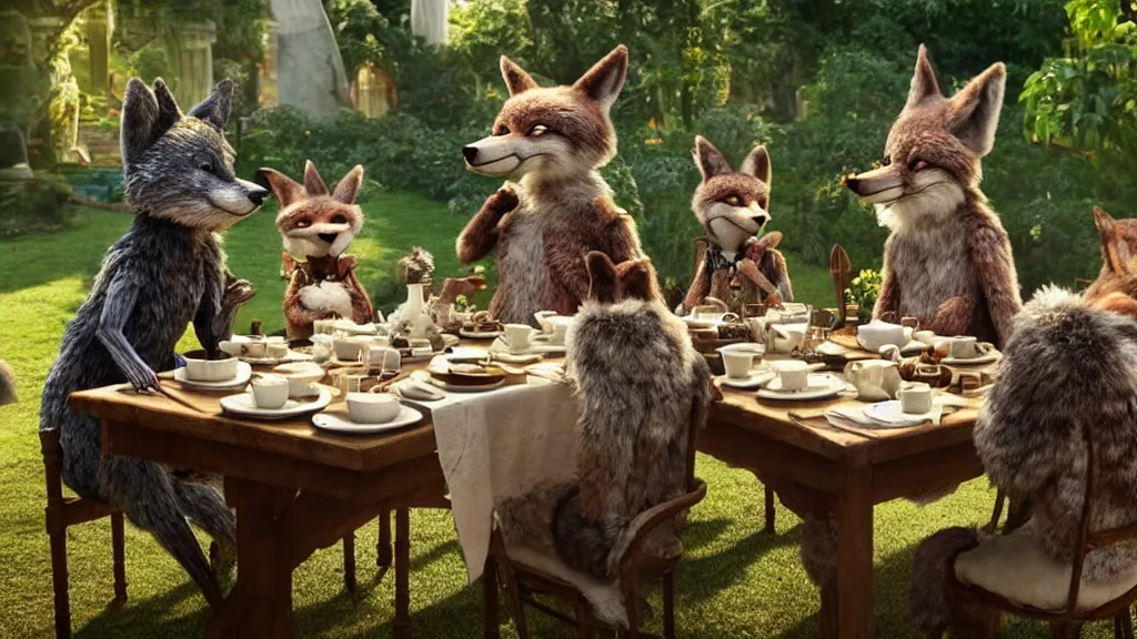 Image similar to film still from the movie chappie outdoor park plants garden scene bokeh depth of field several figures sitting down at a table having a delicious grand victorian tea party crumpets furry anthro anthropomorphic stylized cat ears wolf muzzle head fox fur