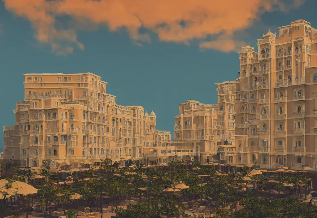 Prompt: accidentally wes anderson award - winning photograph of a beautiful hotel in a beach town, art by greg rutkowsky, trending on artstation, cinematic lighting, filmic grain, golden hour, detailed, 4 k