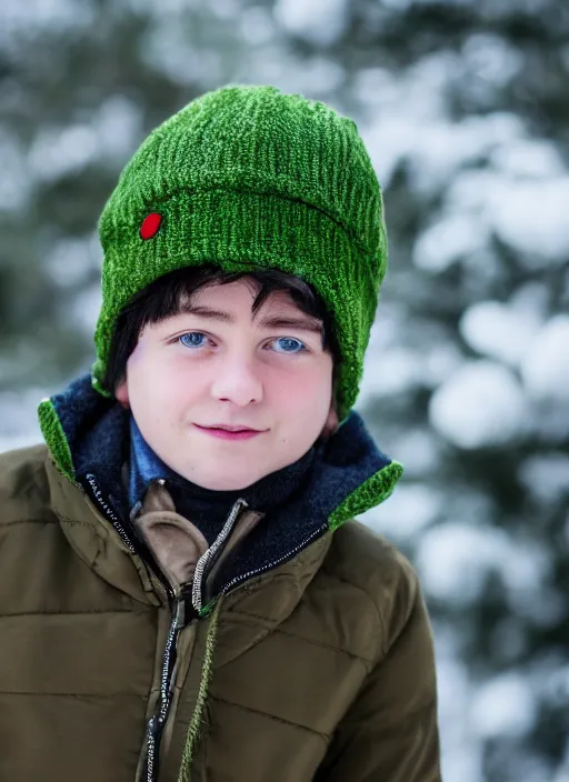 Image similar to portrait photo still of real life young stan marsh wearing a green trapper hat, 8 k, 8 5 mm, f. 1 4