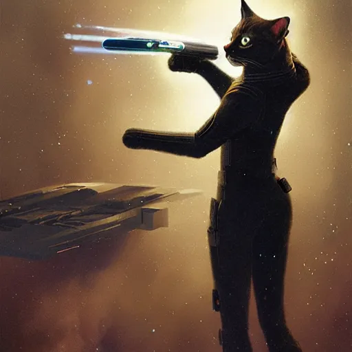 Prompt: UHD photorealistic Feline-Humanoid Starfleet Officer firing a phaser at the borg in the style of tonalism by Greg Rutkowski