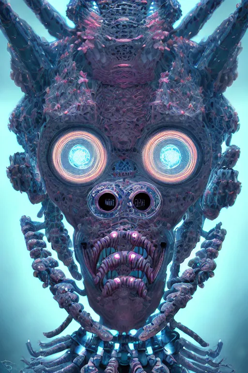 Prompt: Ultradetailed illustration of robotic demogorgon with symmetrical features and intricate botanical details, very detailed, pastel colors, digital painting, 8k, 4K, hd, portrait, volumetric lighting, studio