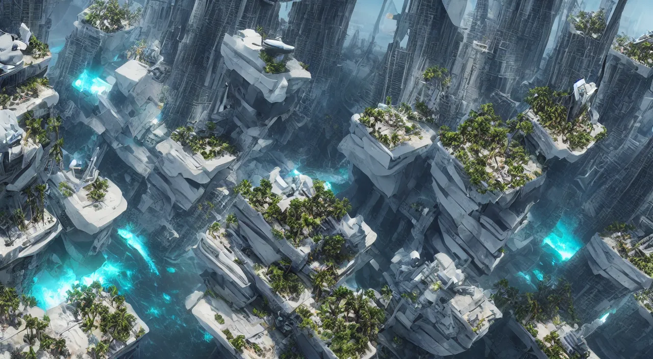 Prompt: a matte painting of high - tech floating city earthquake, concept art, gravels around, coconut palms, weightlessness, reverse, by yang qi, romain jouandeau, quy ho, karol bak, beeple, 4 k, unreal engine, vray render, artstation