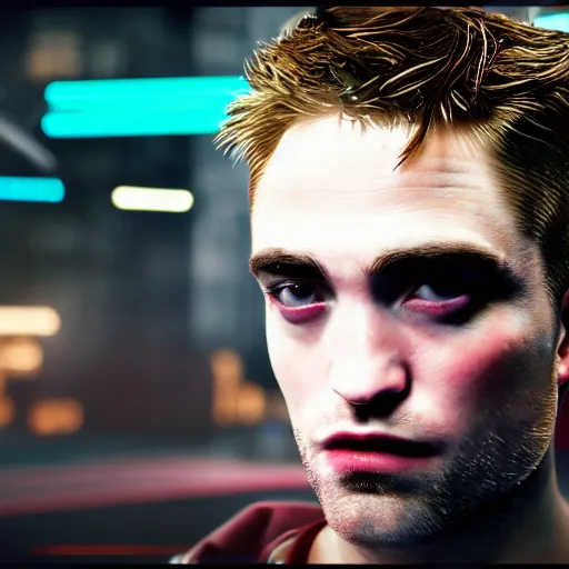 Image similar to robert pattinson portrait, Cyberpunk 2077, cyberpsycho, photorealistic, ultra detailed, neon, octane, bokeh, cyber, feature, scars, cyberface, 8k