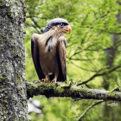 Prompt: A gryphon perched on tree branch, National Geographic, photo still.