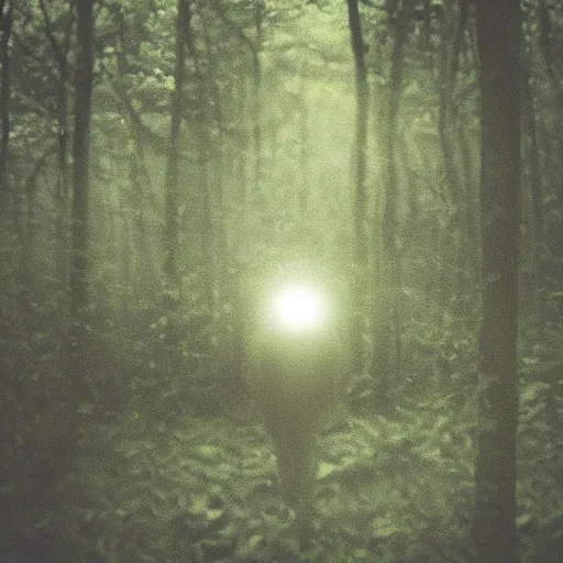 Image similar to grainy trail cam photo still of an alien in the woods at night hiding in the trees of a forest