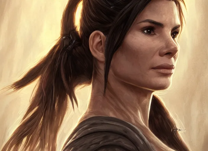 Image similar to face portrait of concentrated young Sandra Bullock as Lara Croft entering the large Minas Tirith gate, sun beams, intricate, elegant, highly detailed, centered, digital painting, artstation, concept art, smooth, sharp focus, illustration, Allan Lee, John Howe