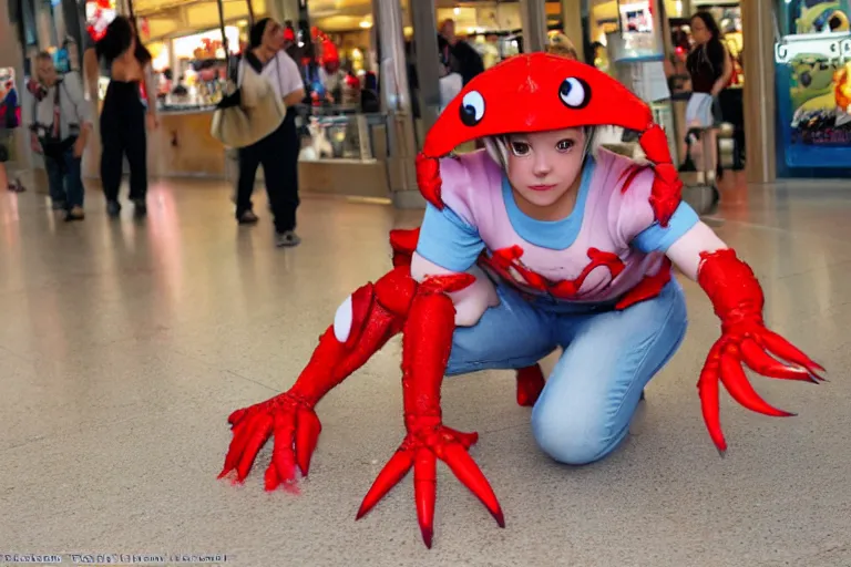 Image similar to a cosplayer cosplaying as a cute crab, in 2 0 0 2, at a mall, street style, royalcore, low - light photograph, photography by tyler mitchell