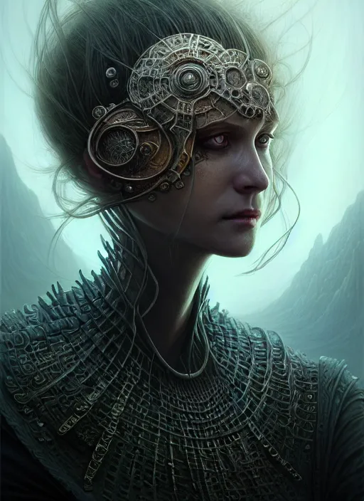 Image similar to closeup portrait shot of female necromancer in a scenic dystopian environment, intricate, elegant, highly detailed, centered, digital painting, artstation, concept art, smooth, sharp focus, illustration, artgerm, tomasz alen kopera, peter mohrbacher, donato giancola, joseph christian leyendecker, wlop, boris vallejo