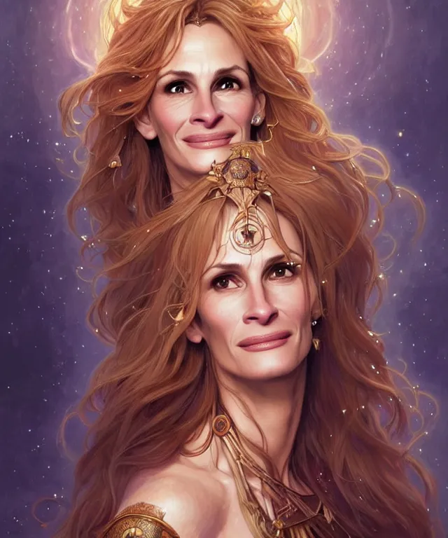 Image similar to Julia Roberts as a fantasy magic woman portrait, sci-fi, amber eyes, face, long hair, fantasy, intricate, elegant, highly detailed, digital painting, artstation, concept art, smooth, sharp focus, illustration, art by artgerm and greg rutkowski and alphonse mucha