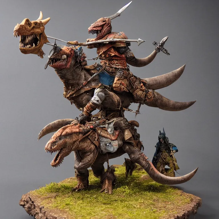 Image similar to diorama of a viking berserker riding a dinosaur, highly detailed, award winning mini painting, studio lighting